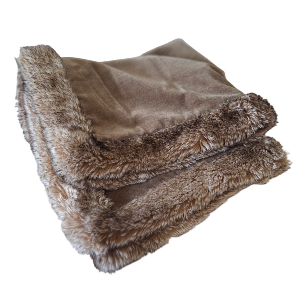 Pottery Barn Brown Faux Fur Trimmed Velvet Pillow Cover 20"x20" Cotton Blend